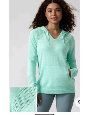 Athleta Evergreen Hoodie Sweater Mint Green Medium Knit V-Neck Kangaroo Pocket